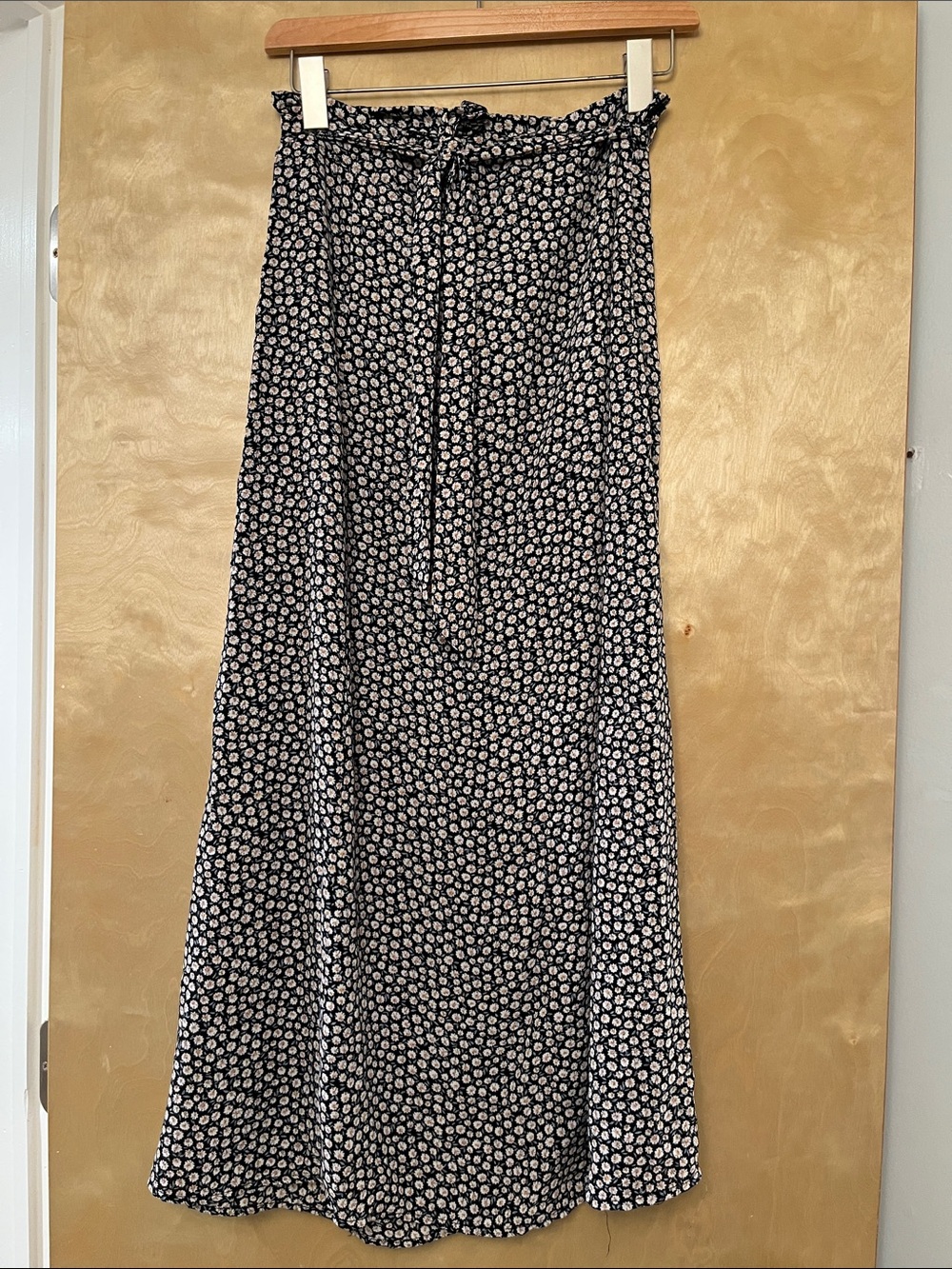 Orange Creek Black Maxi Skirt with Small White Floral Print and Tie Waist